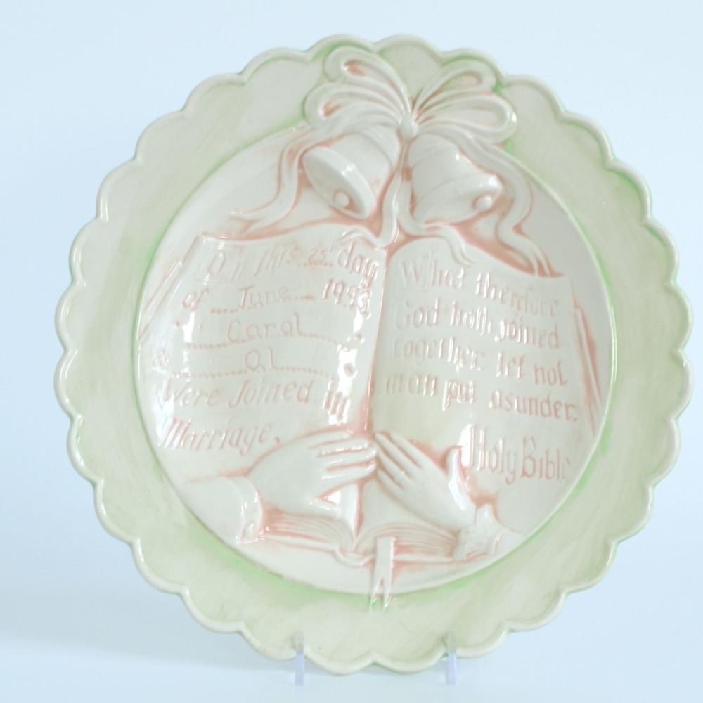 Gare Inc Vintage Ceramic Wedding Commemorative Plate Holy Bible Green Pink 9.5"